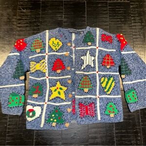 Vintage 90’s hand knit Blue chunky Holiday Cardigan Christmas Womens size M